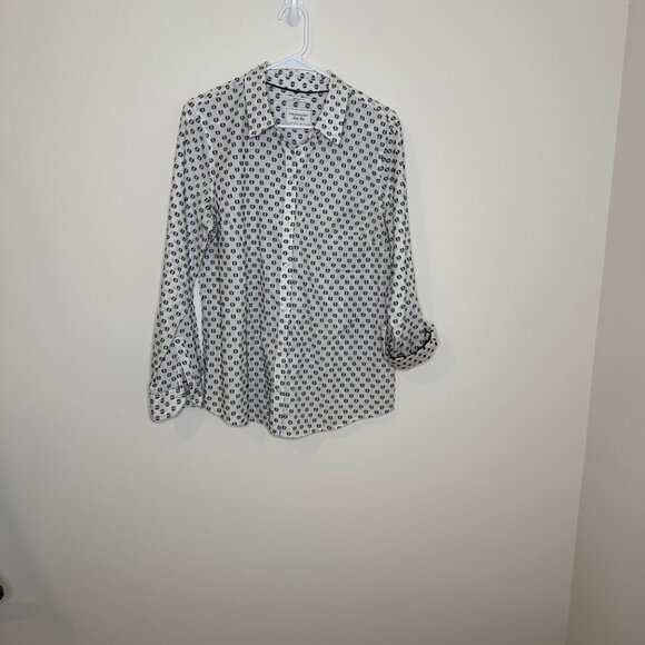Charter Club Roll Tab Sleeve White w Black and Gray Embroidered Polka Dots Sz 14 - Picture 1 of 6